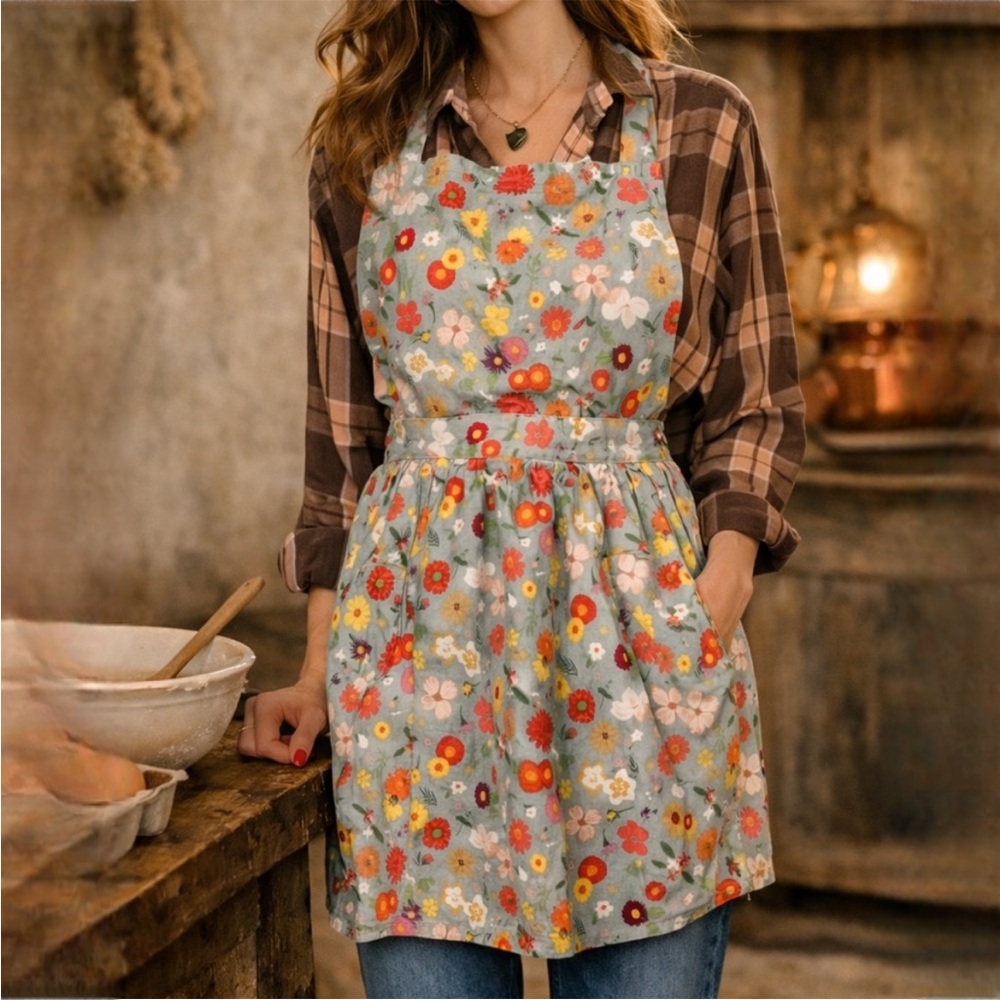 Now Designs Cotton Whimsy Blue Pink Cottage Floral Classic Apron